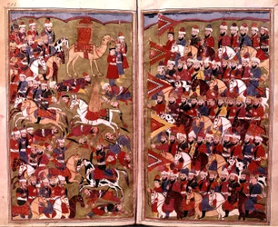 The Army of Aicha at the Battle of Djamal in 656, illustration from Hamla-i-Haydari, by Mirza Muhammad Rafi Bazil, 1808